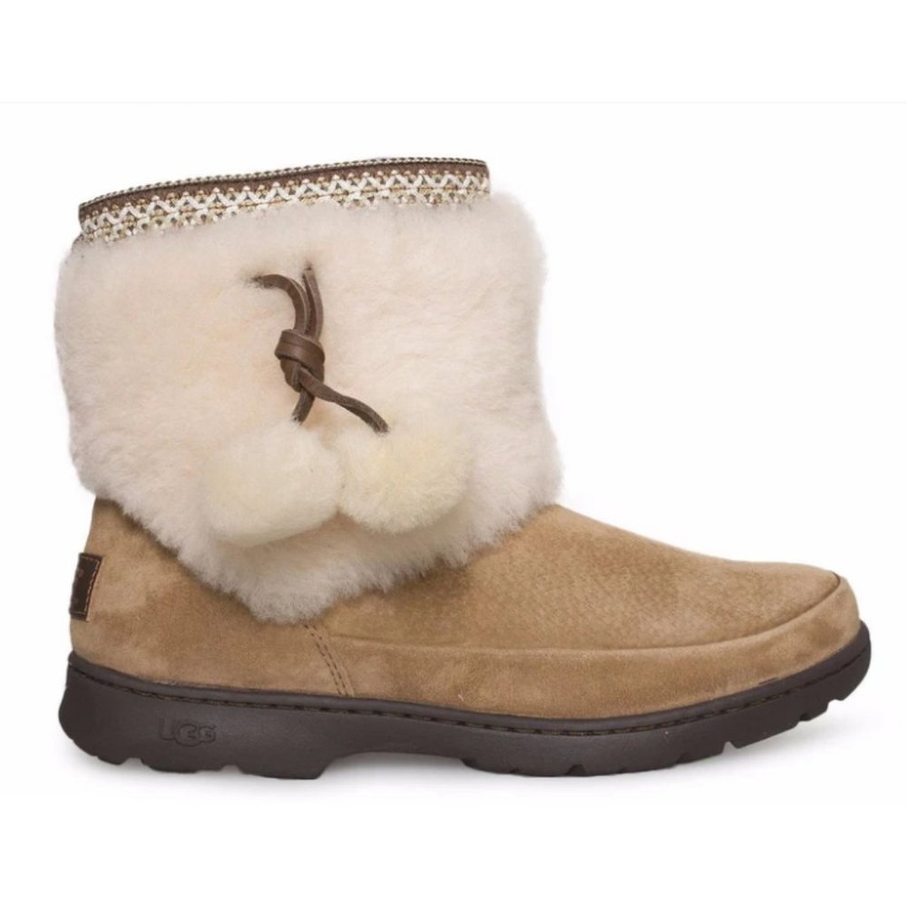 NEW UGG Women Brie Waterproof Chestnut Fur Cuff Geometric Woven Weatherproof